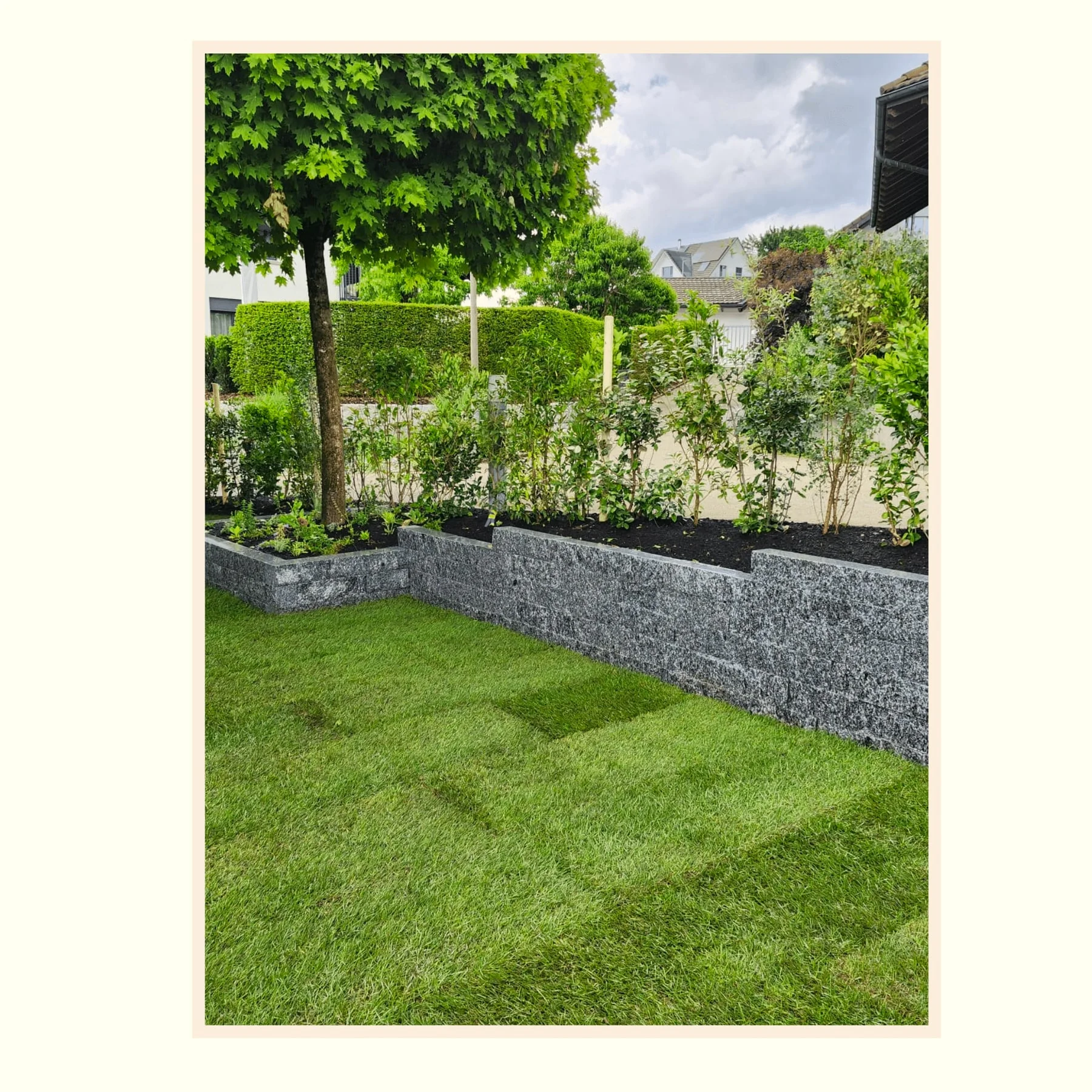 Neugestalteter Gartenbereich mit Rasen und Naturstein
